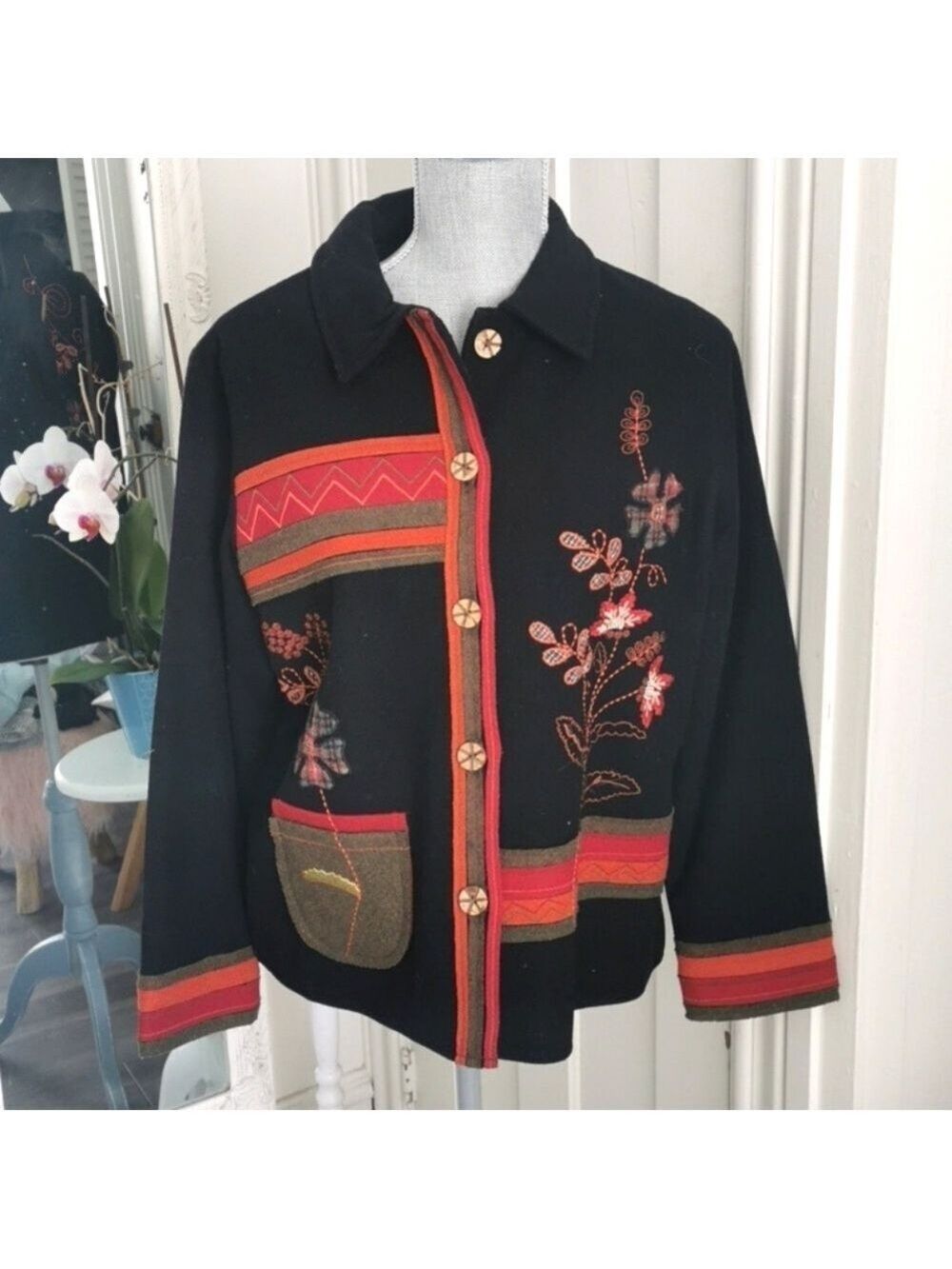 Women's Breckenridge wool blend with applique and embroidery. Cottagecore. Large